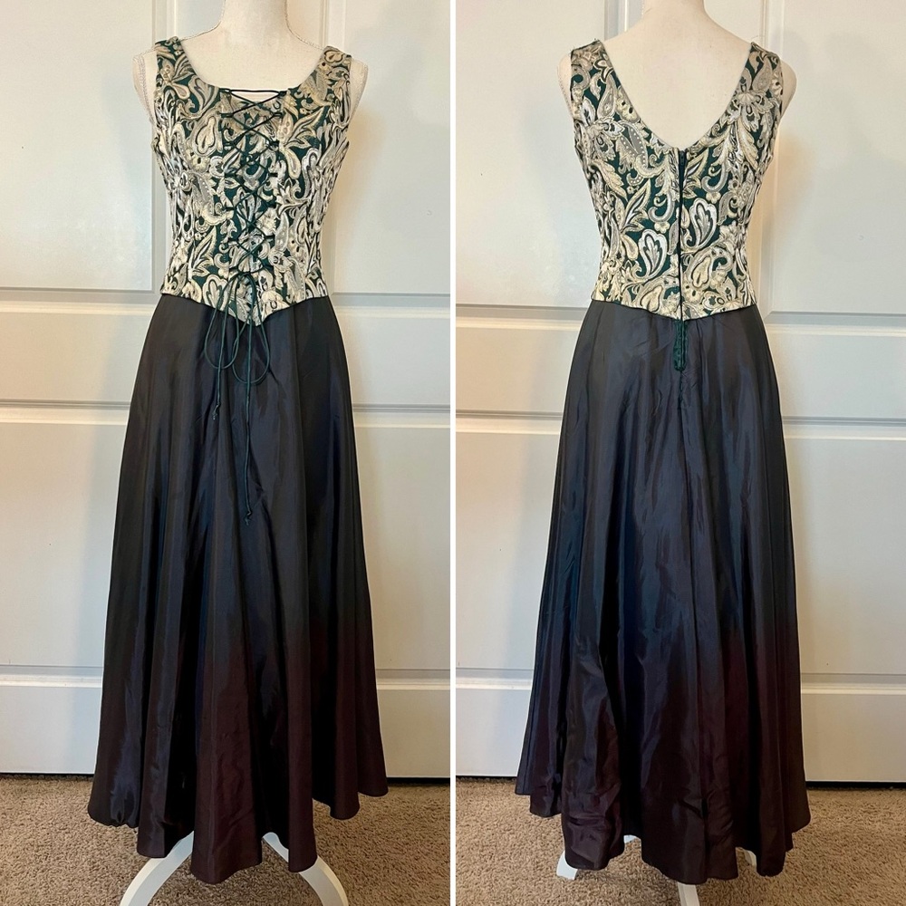 AS-IS Aspeed Corset Bodice Dress Gown Ren Faire Green Brown Gold Brocade Sz 3–4